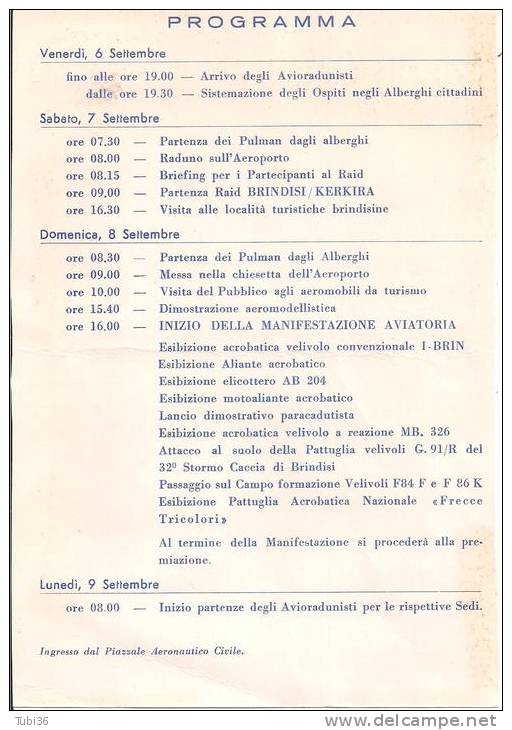 1` AVIORADUNO DEL MEDITERRANEO, AERO CLUB  BRINDISI 1968, INVITO  E PROGRAMMA, - Werbung