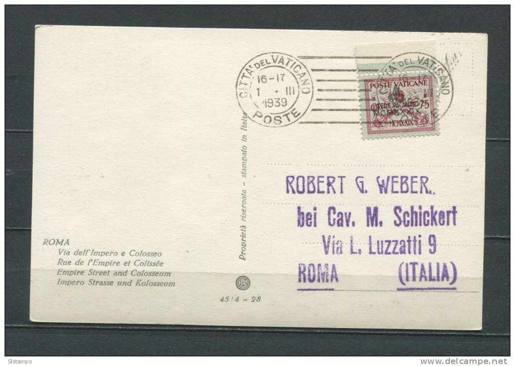 Vatican 1939 Postal Card Italy RomEmpire Street And Colosseum - Covers & Documents