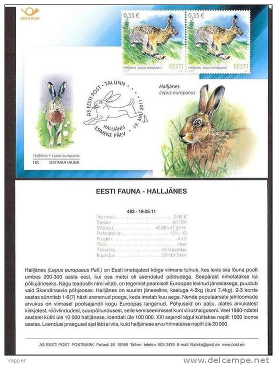 Fauna Estonia 2011 Stamp Presentation Card (est) European Brown Hare (Lepus Europaeus Pall.) Mi 698 - Lapins