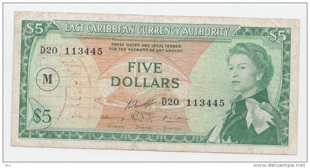 East Caribbean States 5 Dollars 1965 VF Banknote P 14n 14 N (Letter M) - Caraïbes Orientales