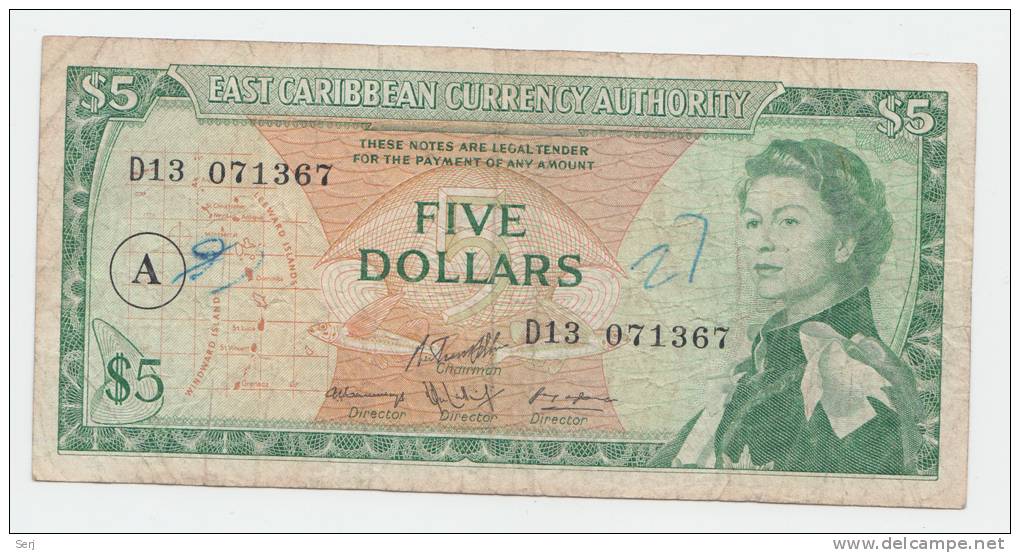 East Caribbean States 5 Dollars 1965 VF Banknote P 14i 14 I (Letter A) - Ostkaribik