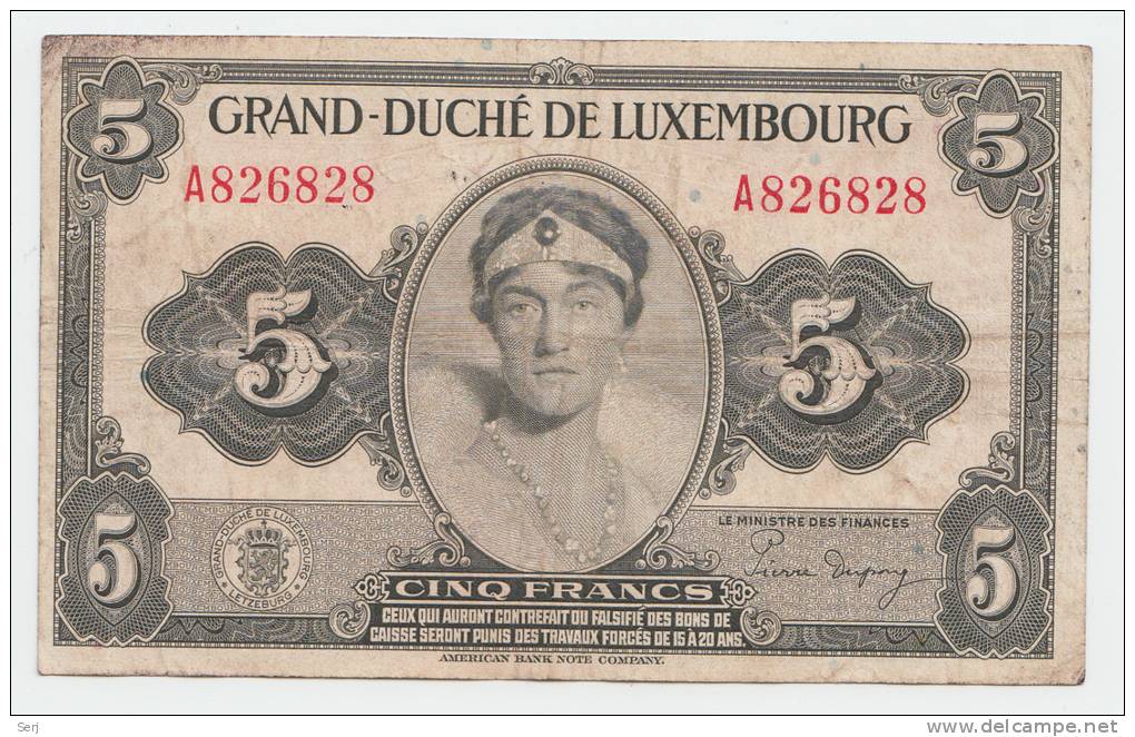 LUXEMBOURG 5 FRANCS 1944 VF P 43b 43 B - Luxembourg