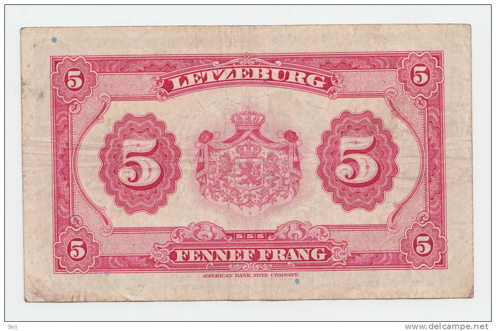 LUXEMBOURG 5 FRANCS 1944 VF P 43b 43 B - Luxembourg