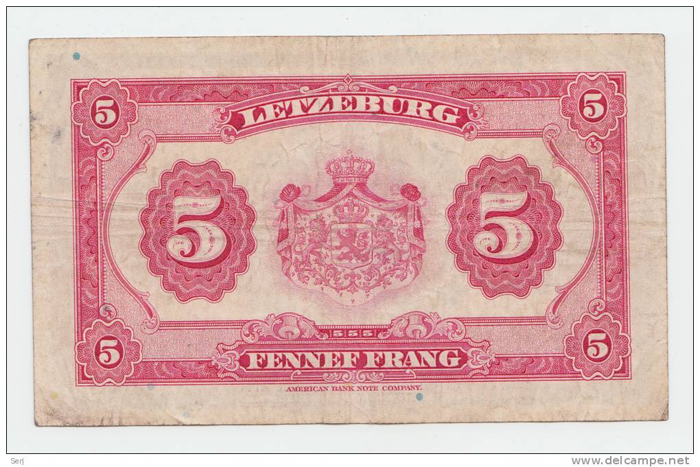 LUXEMBOURG 5 FRANCS 1944 VF P 43b 43 B - Luxemburg