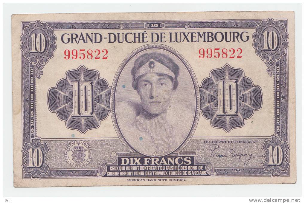 Luxembourg 10 Francs 1944 VF+ CRISP Banknote WWII P 44 - Luxemburg