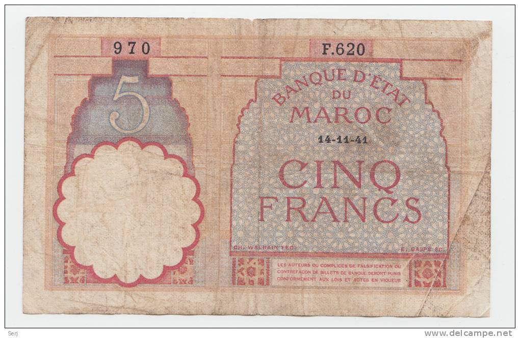 Morocco 5 Francs 14-11- 1941 ""F"" P 23Ab 23A B - Maroc