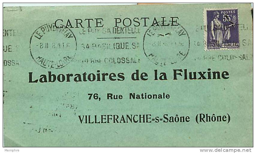 1938  Cate Postale De &nbsp;e Puy En Velay Paix 55c Yv 363 Seul - Briefe U. Dokumente