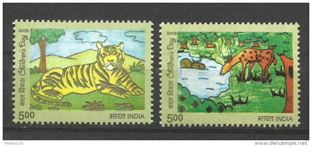 INDIA, 2009, Children´s Day, Fauna  Set Of  2, Tiger, Art, Paintings, MNH,(**) - Ungebraucht