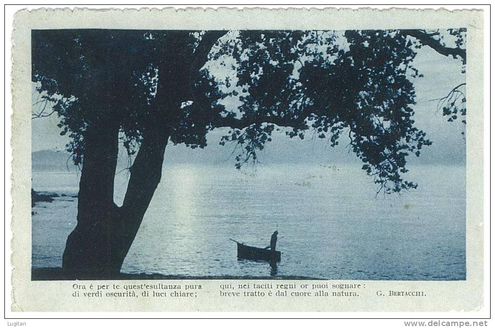 CARTOLINA - PANORAMA DI LAGO CON POESIA G. BERTACCHI - BARCA CON PESCATORE  - VIAGGIATA NEL 1915 - ANNULLO TOLFA - Mehransichten, Panoramakarten