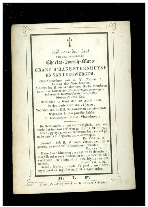 Doodsprentje ( 9732 ) Noblesse Adel Graaf Schepen D´ Hane Steenhuyse En Van Leeuwergem - Gent Gand Leeuwergem 1858 - Décès