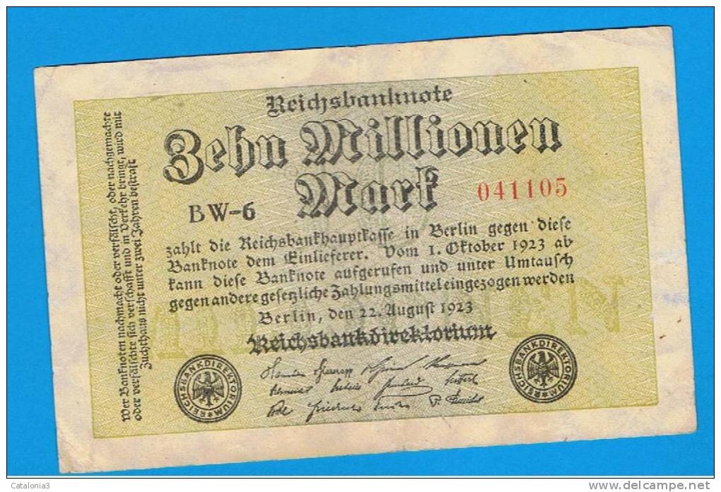 ALEMANIA - GERMANY -  10 Millones  Mark 1923 MBC+   P-106  Serie BW - Reichsschuldenverwaltung