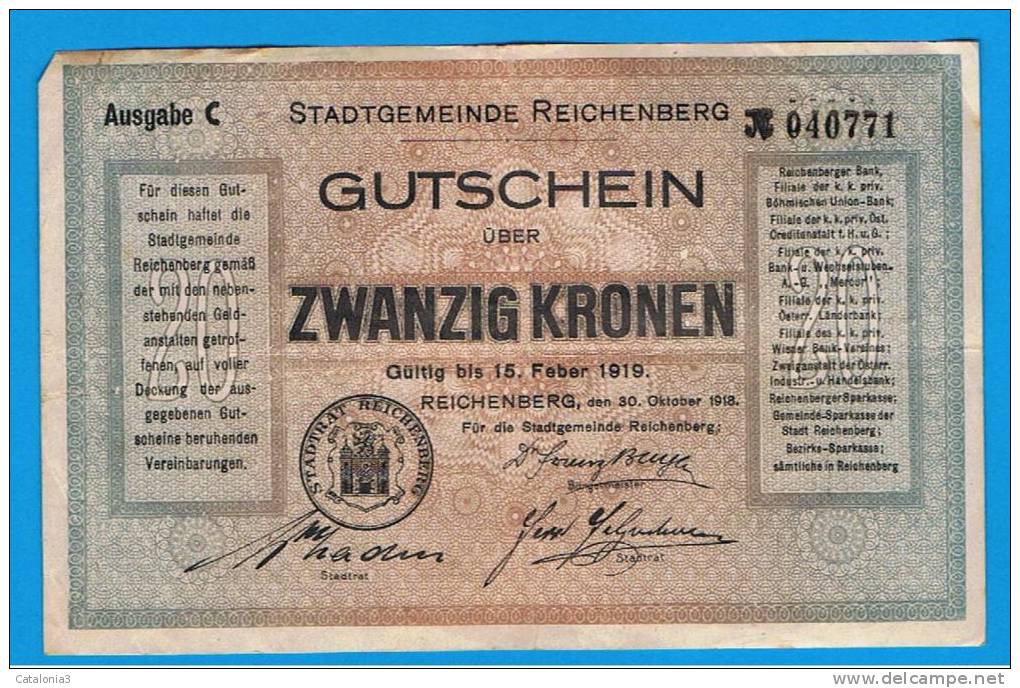 ALEMANIA - GERMANY -  REIDENBERG  20 Kronen 1919 MBC+ - Primera Guerra Mundial