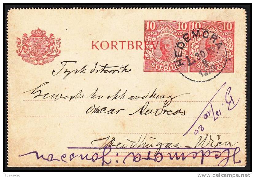 Sweden 1920, Postal Stationery Hedemora To Wien - Postwaardestukken