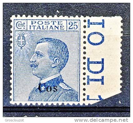 Coo, Isole Egeo, 1912 SS. 54 N. 5 C. 25 Azzurro MNH, Ottima Centratura, Bordo Di Foglio Cat. € 300 - Ägäis (Coo)