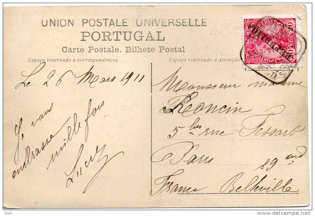 PORTUGAL CARTE POSTALE POUR LA FRANCE 1911 - Marcophilie