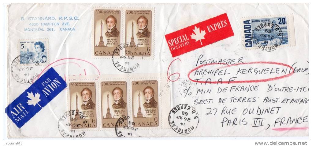 Taaf Kerguelen Port Aux Français Lettre Montréal Canada 25/9/1969 Pour Kerguelen Avec Cachet Transit Paris - Lettres & Documents