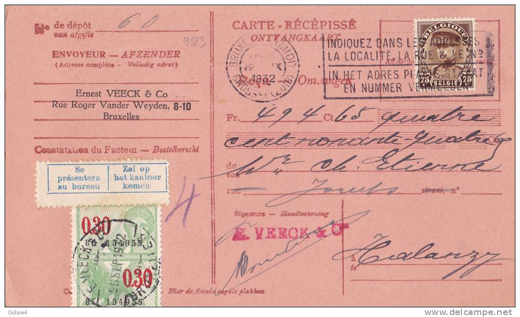 9823# BELGIQUE CARTE RECEPISSE AVISE Obl BRUXELLES BRUSSEL 1932 HALANZY LIBRAIRIE TIMBRE FISCAL - Documenten