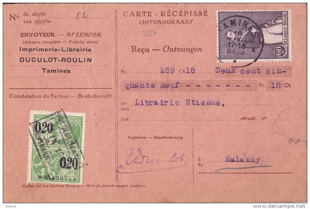 9826# BELGIQUE CARTE RECEPISSE Obl TAMINES 1930 HALANZY LIBRAIRIE TIMBRE FISCAL - Documenti