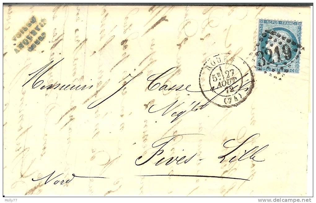 Lettre De Rouen à Fives - Lille - 1849-1876: Période Classique