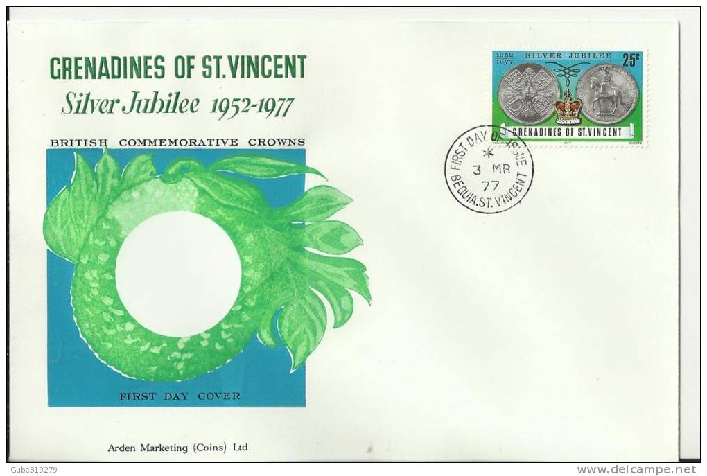 GRENADINE OF ST VINCENT 1977 - FDC SILVER JUBILEE COIN SERIES -BRITISH COMMEMORATIVE CROWNS W 1 ST OF 25 C POSTM BEQUIA - St.Vincent Und Die Grenadinen