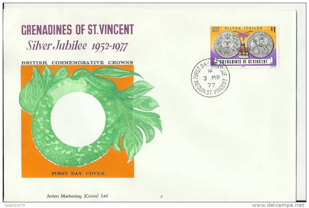 GRENADINE OF ST VINCENT 1977 - FDC SILVER JUBILEE COIN SERIES -BRITISH COMMEMORATIVE CROWNS W 1 ST OF 1.00 $ POSTM BEQUI - St.Vincent & Grenadines