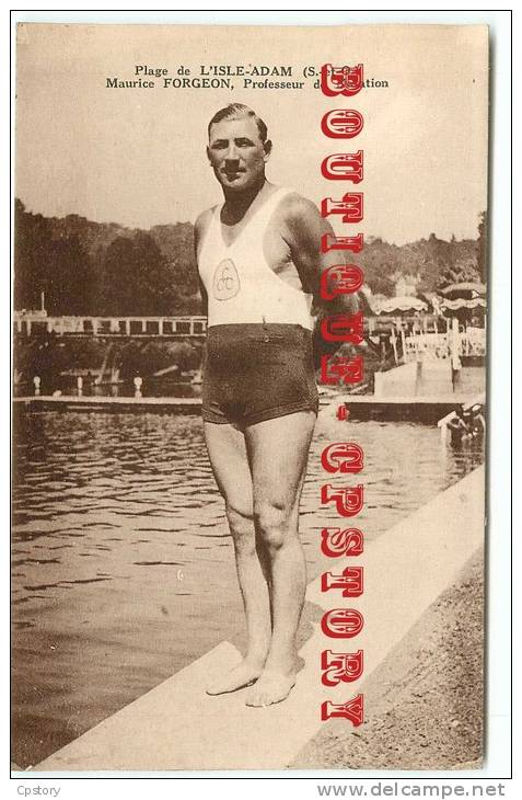 ACHAT IMMEDIAT < NATATION - Maurice Forgeon Professeur à La Plage De L'Isle Adam - Tenue De Baigneur - Dos Scanné - Swimming