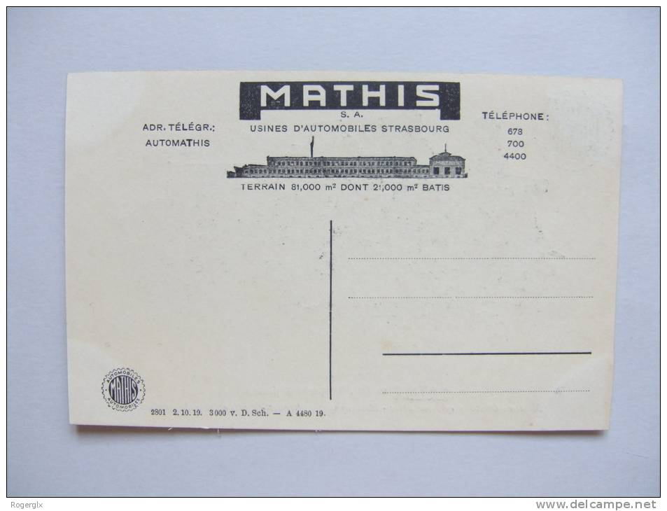 T2) CARTE POSTALE PUBLICITÉ VOITURES AUTOMOBILIA MATHIS AUTOMOBILE 10 HP TORPEDO 3 PLACES USINES AUTOMOBILES STRASBOURG - Autres & Non Classés