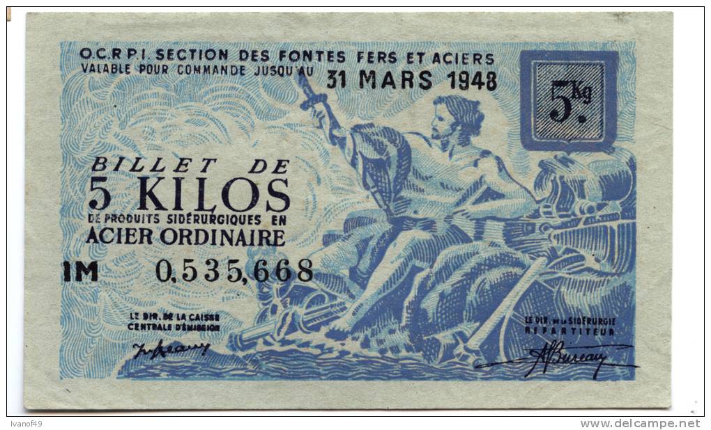 BILLET DE 5 KILOS ACIER ORDINAIRE 1948 TTB - Bons & Nécessité