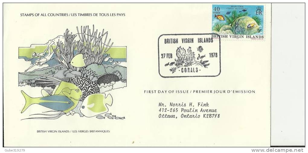 BRITISH VIRGIN ISLANDS 1978 - FDC CORALS -  BRAIN CORAL  OF B.V.I. W 1 ST  OF 40 C ADDR TO OTTAWA- POSTM. FEB 27, 1978 R - Iles Vièrges Britanniques