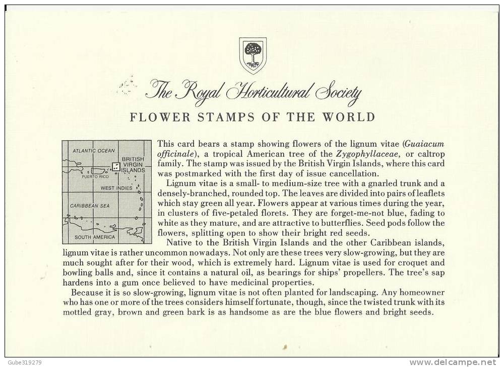 BRITISH VIRGIN ISLANDS 1978 - CARD FD OF ISSUE - FLOWER STAMPS OF WORLD - LIGNUM VITAE -GUAIACUM OFFICINALE W 1 ST OF 8 - British Virgin Islands