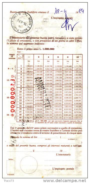 BUONO POSTALE FRUTTIFERO /  LIRE 1.000.000  - Frazionario 37/114  _ Annullato - Altri & Non Classificati