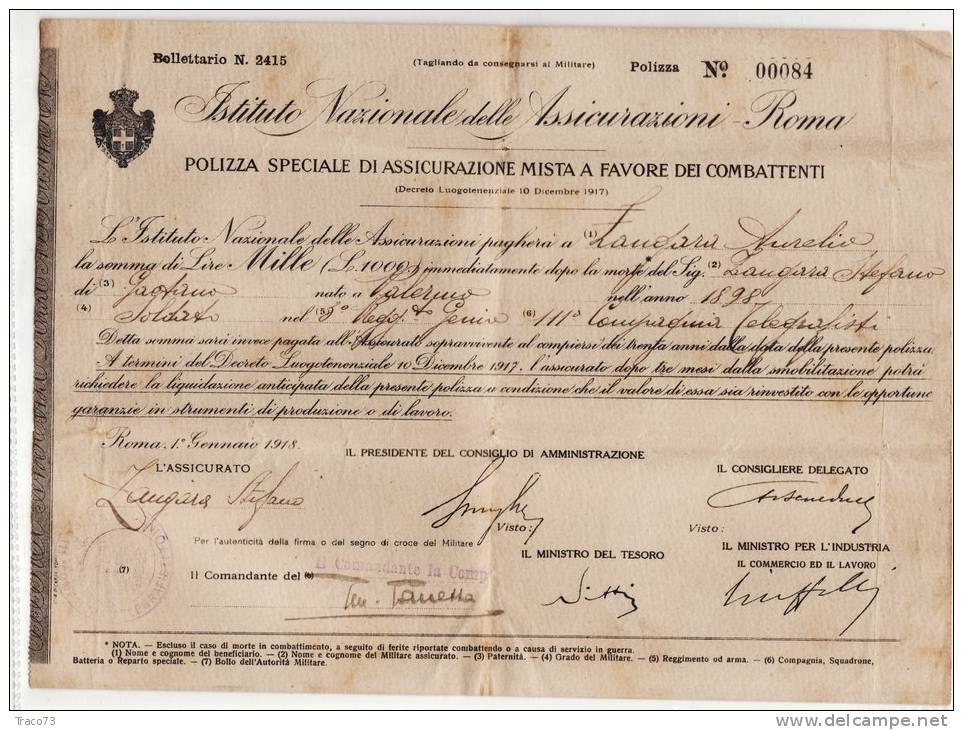 ROMA /  Polizza Speciale Di Assicurazione  Mista A Favore Dei Combattenti - Lire 1000  _ Roma 1° Gennaio 1918 - Banco & Caja De Ahorros