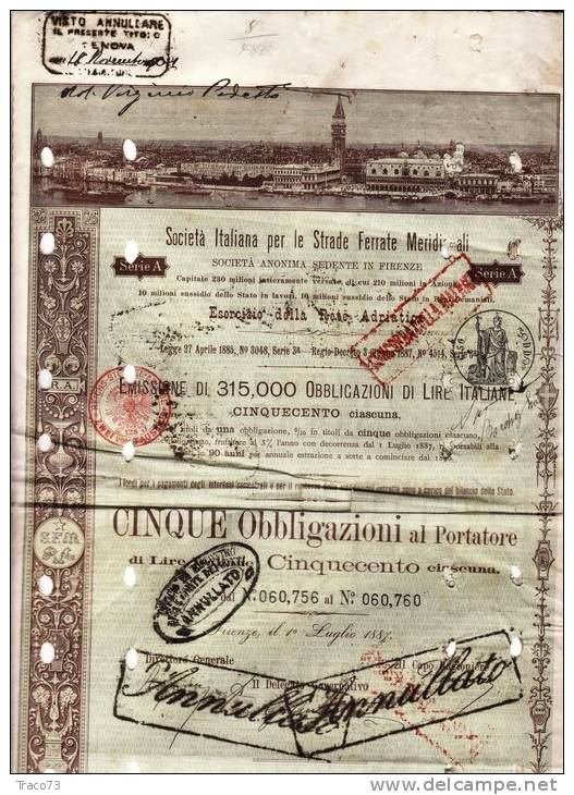 FIRENZE 1° Luglio 1887 / Soc. Italiana Per Le Strade Ferrate Meridionali - 5 Obbl. Al Portatore Di Lire 1.500 Ciascuna - Spoorwegen En Trams