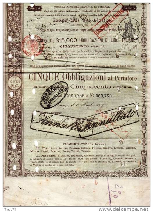 FIRENZE 1° Luglio 1887 / Soc. Italiana Per Le Strade Ferrate Meridionali - 5 Obbl. Al Portatore Di Lire 1.500 Ciascuna - Spoorwegen En Trams