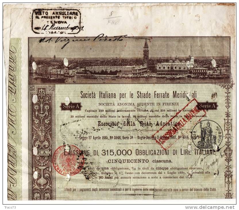 FIRENZE 1° Luglio 1887 / Soc. Italiana Per Le Strade Ferrate Meridionali - 5 Obbl. Al Portatore Di Lire 1.500 Ciascuna - Spoorwegen En Trams