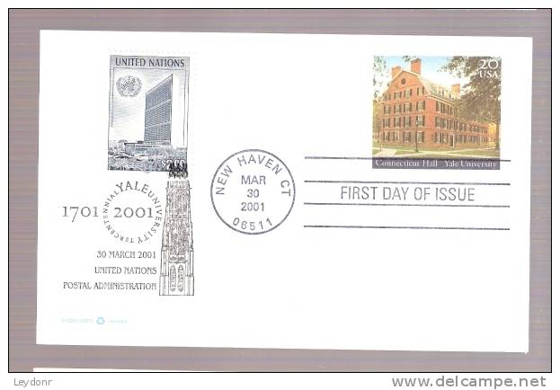 FDC Postal Card - Connecticut Hall, Yale University Plus United Nations Stamp And Postmark - 2001-2010