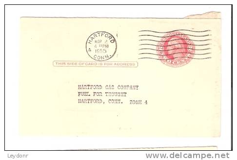 Postal Card George Washington - Hartford Gas Company - Postmarked Hartford CONN, 1955 - 1941-60