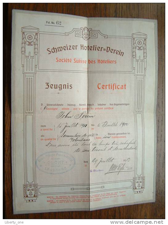 SCHWEIZER HOTELIER = VEREIN ( Société Suisse Des Hôteliers ) JOHN PERRIN - 1912 CERTIFICAT ( See Photo ) !! - Diploma & School Reports