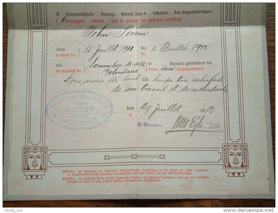 SCHWEIZER HOTELIER = VEREIN ( Société Suisse Des Hôteliers ) JOHN PERRIN - 1912 CERTIFICAT ( See Photo ) !! - Diploma & School Reports