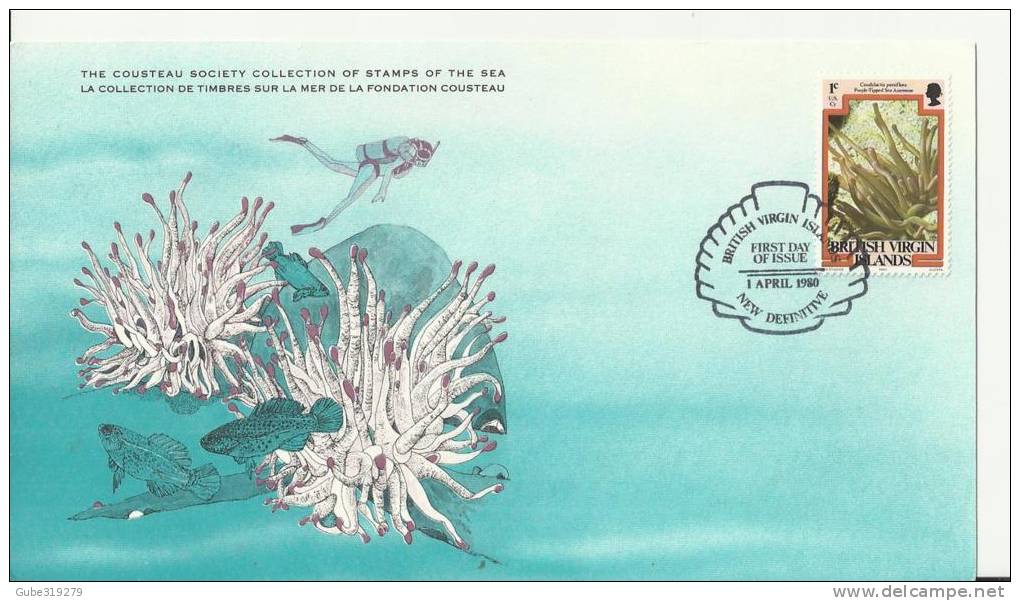 BRITISH VIRGIN ISLANDS 1980 - FD CARD - COUSTEAU SOCIETY SERIE - NEW DEFINITIVES - PURPLE TIPPED SEA ANEMONE  W 1 ST OF - British Virgin Islands