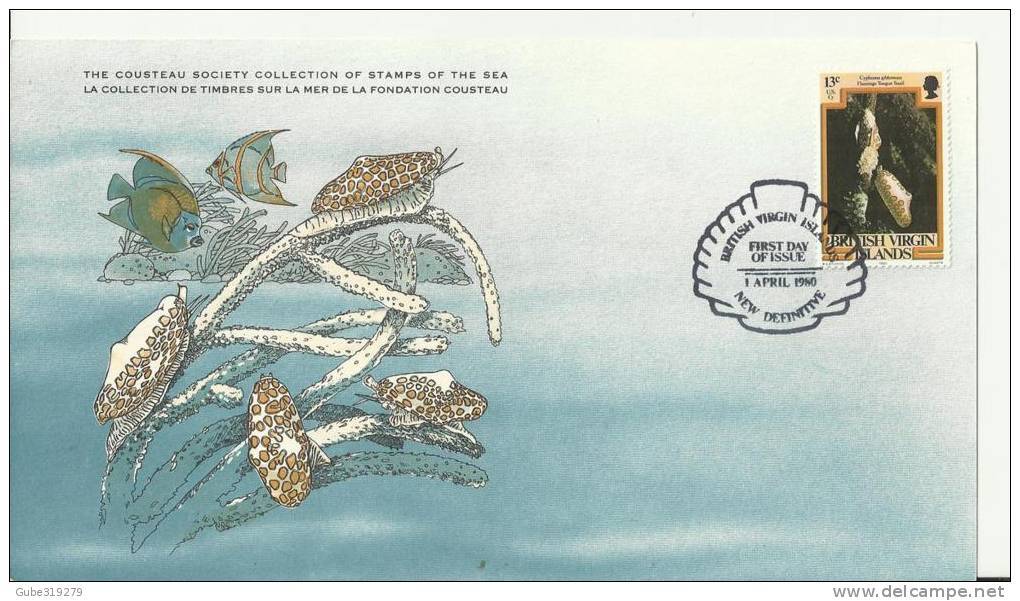 BRITISH VIRGIN ISLANDS 1980 - FD CARD - COUSTEAU SOCIETY SERIE - NEW DEFINITIVES - FLAMINGO TONGUE W 1 ST OF 13 C POSTM - British Virgin Islands