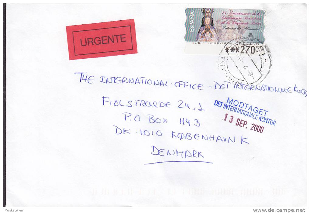 Spain URGENTE Express Label GRANADA 2000 Cover Letra To Denmark ATM / Frama Label Franking - Maschinenstempel (EMA)