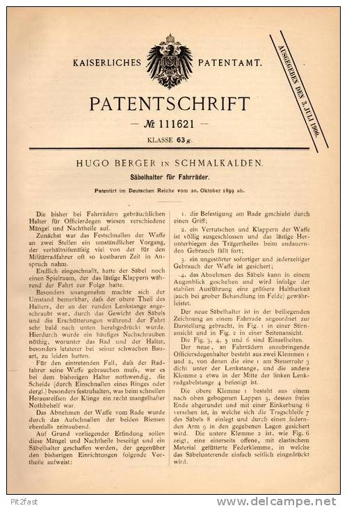 Original Patentschrift - H. Berger In Schmalkalden , 1899 , Halter Für Säbel Am Militär - Fahrrad , Degen , Schwert !!! - Ausrüstung