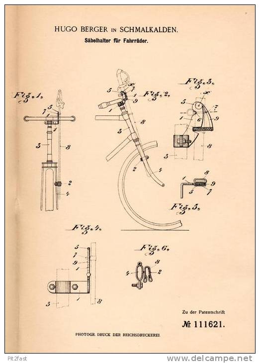 Original Patentschrift - H. Berger In Schmalkalden , 1899 , Halter Für Säbel Am Militär - Fahrrad , Degen , Schwert !!! - Ausrüstung