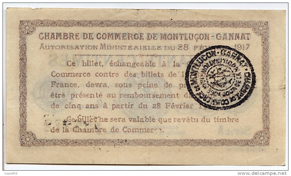 BILLET De Chambre De Commerce De Montluçon-Gannat -  CINQUANTE CENTIMES 28 Février 1917 TTB - Cámara De Comercio