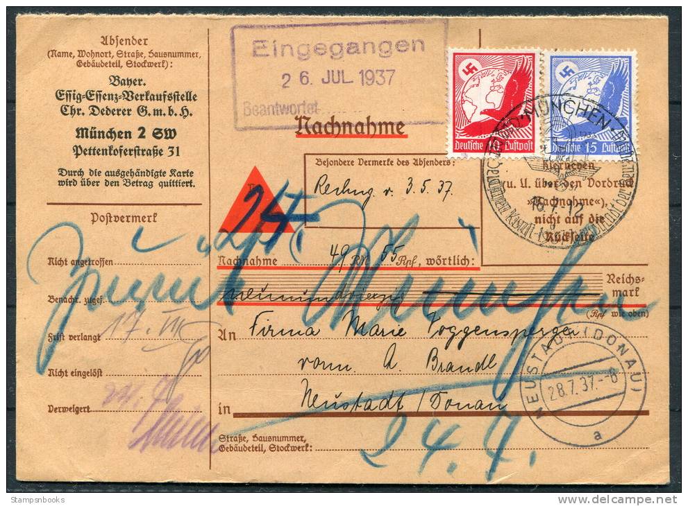 1937 DR Germany NN-Karte Munchen - Neustad Donau - Briefe U. Dokumente