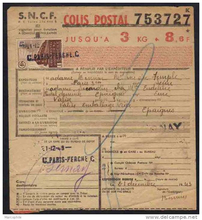 PARIS POUR EPAIGNES (EURE) / 1943 BORDEREAU DE COLIS POSTAL  / COTE 25.00 EUROS (ref 2934) - Briefe U. Dokumente