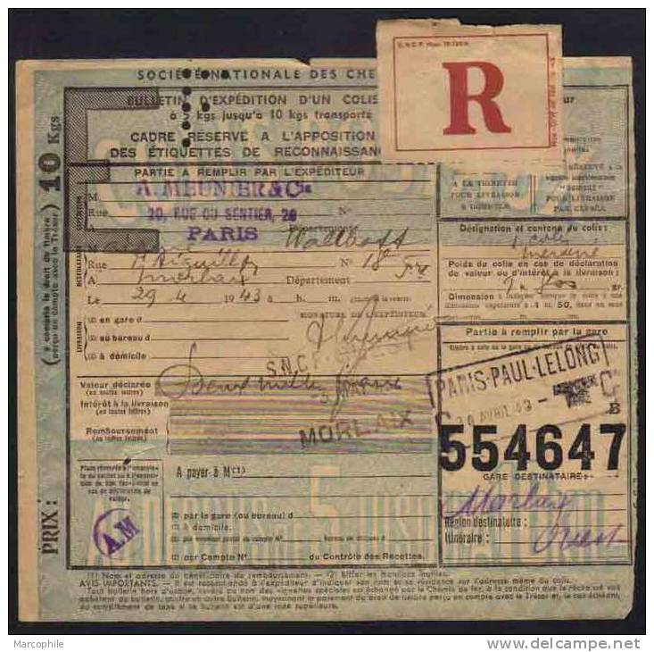 PARIS POUR MORLAIX (FINISTERE) / 1943 BORDEREAU DE COLIS POSTAL EN VALEUR DECLAREE  / COTE +30.00 EUROS (ref 2908) - Lettres & Documents