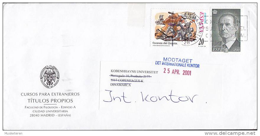 Spain FACULTAD DE FILOLOGIA, MEDRID 2001 Cover Letra To Denmark Don Quijote Stamp & König King Juan Carlos - Briefe U. Dokumente