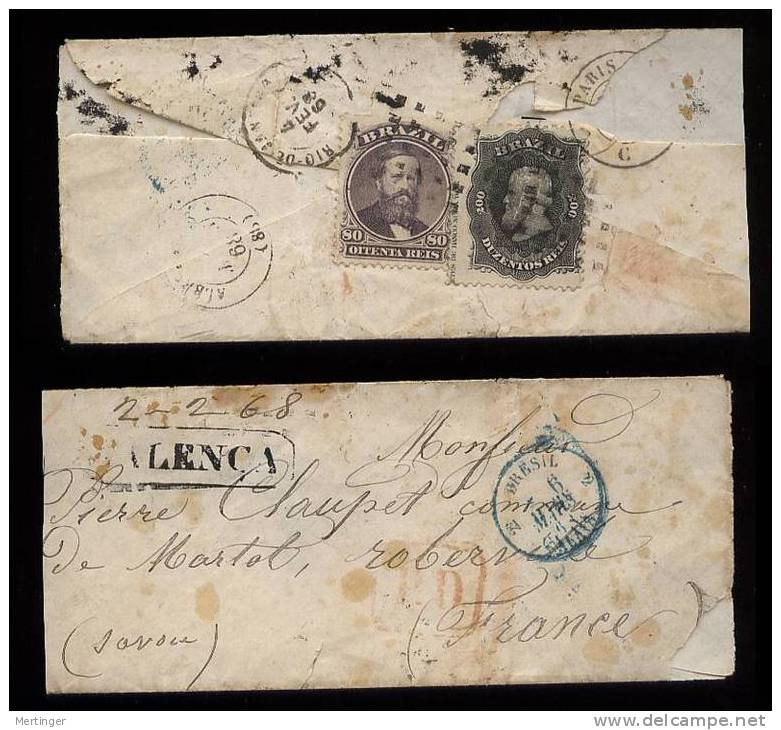 Brazil Brasilien 1868 Cover VALENCA To FRANCE 280R Rate - Covers & Documents